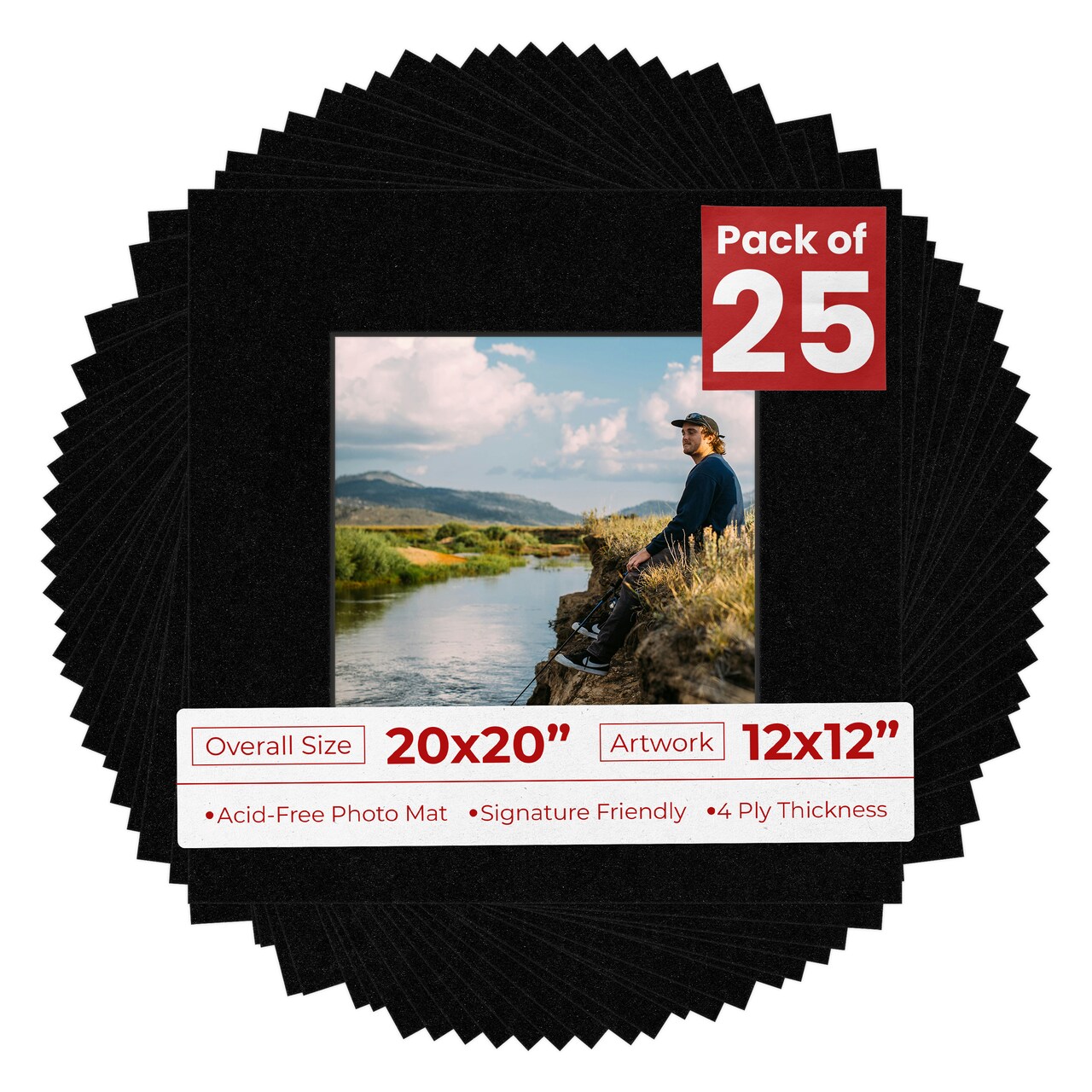 Black with Black Core Mat Board for 20x20 Frames - Fits 12x12 Photos
